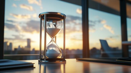 Poster - A modern hourglass with a metallic frame, sitting on a minimalist desk with soft sunlight filtering through a window, capturing the essence of time and precision