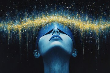 Wall Mural - A woman with a blindfold looks up at a cascade of golden starlight in the night sky.