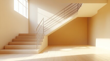 Poster - A modern minimalist staircase with sharp, geometric lines, light wood steps, and a metal railing, set against a neutral background with soft lighting
