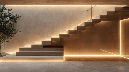 Poster - A modern minimalist staircase with sharp, geometric lines, light wood steps, and a metal railing, set against a neutral background with soft lighting