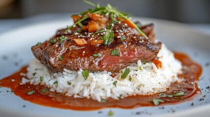 Sticker - A plate of beef rice with a tender, flavorful beef steak served over steaming white rice, garnished with herbs and a drizzle of sauce, creating a mouthwatering scene