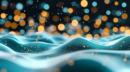 Poster - Dark Blue and Orange Abstract Waves with Glowing Particles, 3D Render