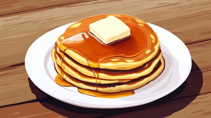 Poster - A plate of sizzling American-style pancakes with maple syrup and a pat of butter, set on a wooden table, representing a beloved breakfast classic
