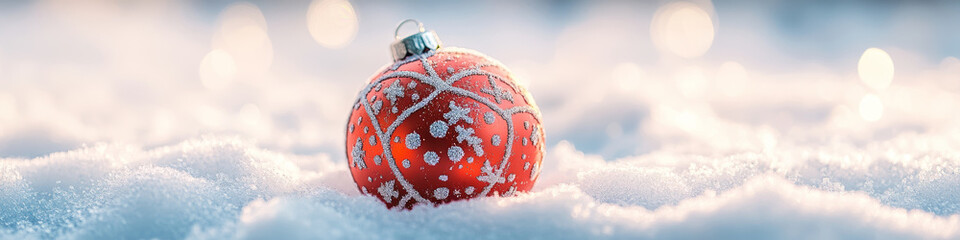 Wall Mural - vibrant red Christmas ornament rests on bed of soft, white snow, creating festive winter scene filled with sparkling details and magical atmosphere