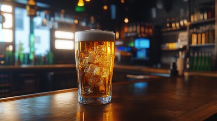 Aufkleber - A refreshing glass of beer filled with ice cubes, set on a bar counter with soft reflections, creating a cool and crisp look with a touch of ambient light