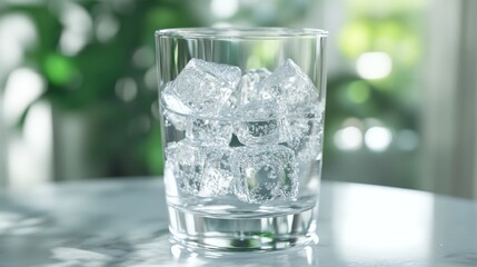 Poster - A refreshing glass of soda with ice cubes, showcasing the bubbles and fizz, sitting on a cool marble surface, with natural light highlighting the glass's clarity