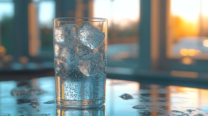 Poster - A refreshing glass of soda with ice cubes, showcasing the bubbles and fizz, sitting on a cool marble surface, with natural light highlighting the glass's clarity
