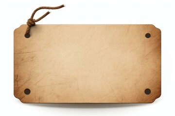 Poster - Empty vintage sign with worn texture hanging from a knotted string, isolated on white