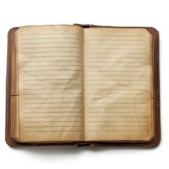 Poster - Open vintage notebook with blank lined pages isolated on white background, providing copy space for text or design