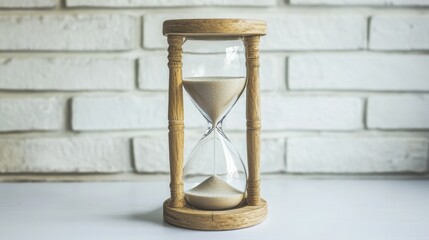 Poster - A simple hourglass with sand flowing from the top to the bottom, surrounded by soft light and shadow play on a clean, white background