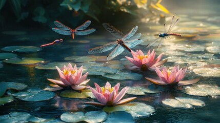 Wall Mural - Dragonflies in flight over pink water lilies in a tranquil pond at sunrise.