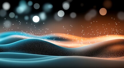 Poster - Dark Blue and Orange Abstract Waves with Glowing Particles, 3D Render