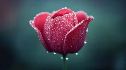 Poster - A single bright flower with dew-covered petals, set against a soft, blurred green background, highlighting the delicate water droplets