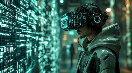 Poster - Cyberpunk VR Experience: A Futuristic Vision of Digital Worlds. Explore the immersive realm of virtual reality and its transformative potential in a technologically advanced society.