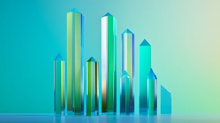 Leinwandbilder - A sleek, D-rendered bar graph with tall, shiny bars in shades of blue and green, illustrating a rise in market data over a specified period