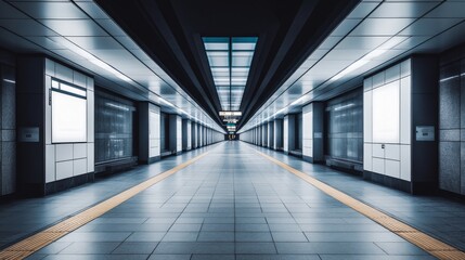 Poster - A subway tunnel lit by soft, overhead lighting, with clean lines along the tracks and smooth concrete walls, creating an empty, vast space with a futuristic feel