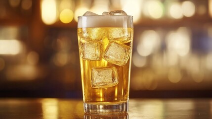 Poster - A tall glass of beer with large ice cubes inside, set on a smooth countertop with natural light reflecting off the ice and the beer's golden hue