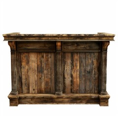 Poster - Empty vintage wooden bar counter isolated on white background, showcasing aged charm and craftsmanship