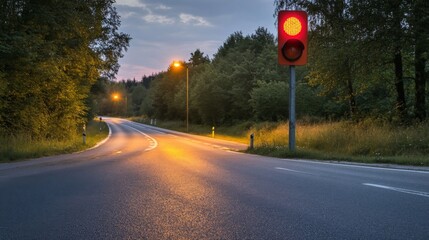 Poster - A traffic light with a red signal, illuminated at dusk, with soft street lighting creating a quiet, reflective moment on an empty road