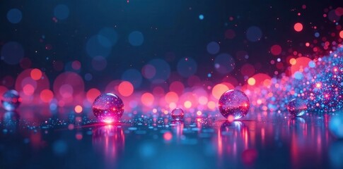 Wall Mural - abstract glowing spheres reflecting vibrant lights on a dark surface