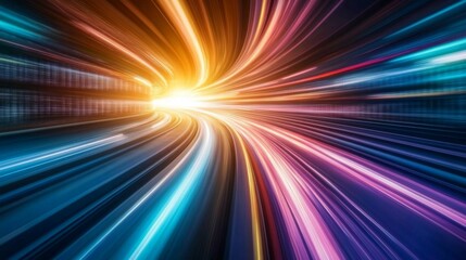 Poster - A vibrant light streak speeding through a futuristic grid-like space, creating an illusion of rapid movement and light-speed travel through a digital landscape