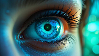 A close-up of a woman's mesmerizing blue eye with long dark eyelashes, showcasing the intricate beauty of the iris and pupil