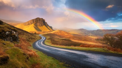 Poster - A vibrant rainbow above a winding road in a mountain valley, with sunlight breaking through patches of mist