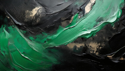 Oil painting on canvas, black and green paint. Hand drawn art.