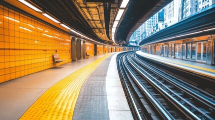 Poster - A well-lit subway tunnel with tracks running through it, showcasing the clean, modern design of the space, with subtle reflections from the polished walls and floor