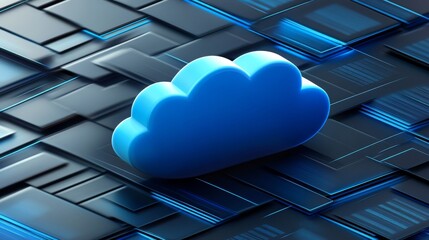 Poster - Glowing Blue Cloud with Data Center Background, Digital Grid Network, and Technology Icons in Dark Virtual Space
