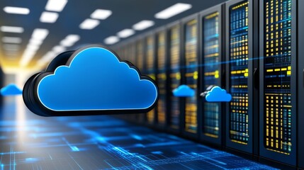 Poster - Glowing Blue Cloud with Data Center Background, Digital Grid Network, and Technology Icons in Dark Virtual Space