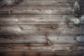 Poster - Snowy fir branches frame rustic wooden planks dusted with snow, creating a cozy christmas background