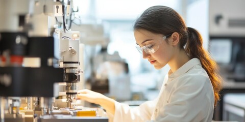 Aufkleber - A focused young scientist working in a modern laboratory. She wears protective glasses and a lab coat. This image captures the essence of innovation and research in science. AI