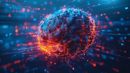 Poster - A conceptual image of a digital brain with circuit lines, representing AI's role in enhancing cybersecurity defense, with data visualization elements
