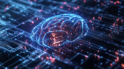 Poster - A conceptual image of a digital brain with circuit lines, representing AI's role in enhancing cybersecurity defense, with data visualization elements