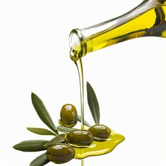 Wall Mural - Golden olive oil pouring from a glass bottle onto fresh olives and leaves, representing the production and consumption of high quality olive oil