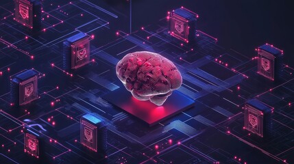 Poster - A digital brain with flowing circuit lines, representing AI in cybersecurity defense, surrounded by a matrix of digital protection symbols