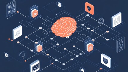 Poster - A digital brain with flowing circuit lines, representing AI in cybersecurity defense, surrounded by a matrix of digital protection symbols