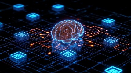 Poster - A digital brain with flowing circuit lines, representing AI in cybersecurity defense, surrounded by a matrix of digital protection symbols