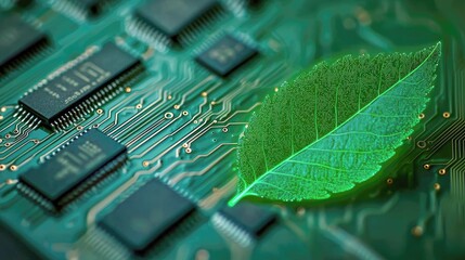 Poster - Green Tech: Nature Meets Technology in a Sustainable Future. Eco-friendly Circuit Board with Leaf Design.  Clean Energy Innovation