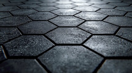 Poster - Hexagonal Tile Pavement: Dark Grey Stone Floor Texture Background - Geometric Architecture Design