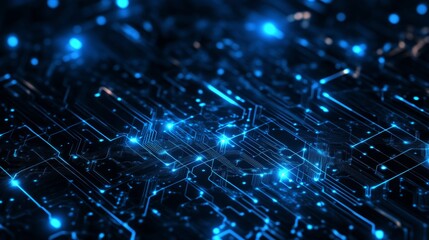 Poster - Abstract digital brain with connected circuit lines, glowing in blue, representing AI's integration in advanced cybersecurity defense systems