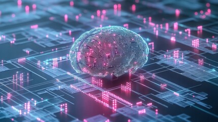 Poster - Conceptual image of a digital brain with circuit lines, representing AI's critical role in cybersecurity defense systems, amidst a futuristic data grid