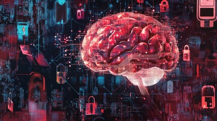  - Cybersecurity concept art featuring a digital brain with circuit lines, illustrating AI, with a backdrop of encrypted data and security locks