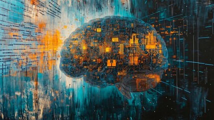 Poster - Conceptual image of a digital brain with circuit lines, representing AI's critical role in cybersecurity defense systems, amidst a futuristic data grid