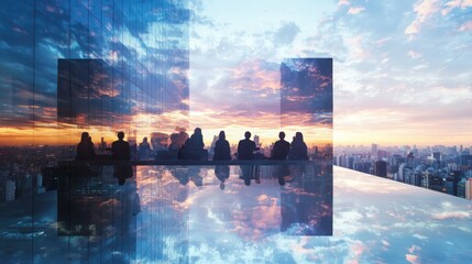 Poster - Engaging discussions on perspectives among professionals at a rooftop meeting in urban setting reflective environment dusk viewpoint