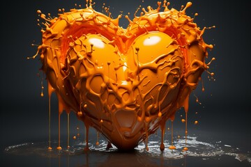 Poster - Orange paint is splashing and forming a heart shape, dripping on a reflective surface with a dark background
