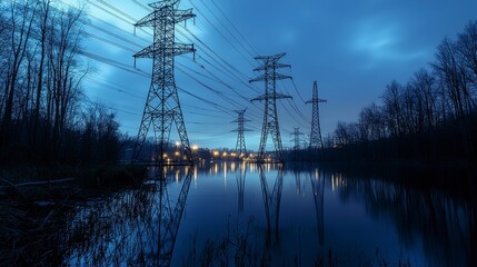 Poster - Industrial landscape at night capturing peak energy generation and sustainable power transmission in urban areas
