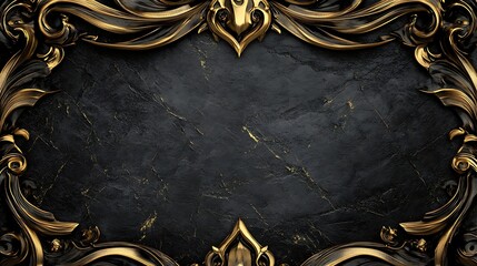 Wall Mural - Ornate Gold Frame Encircles Dark Marble Background