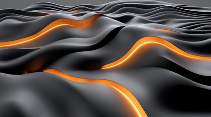 Poster - Dark Blue and Orange Abstract Waves with Glowing Particles, 3D Render